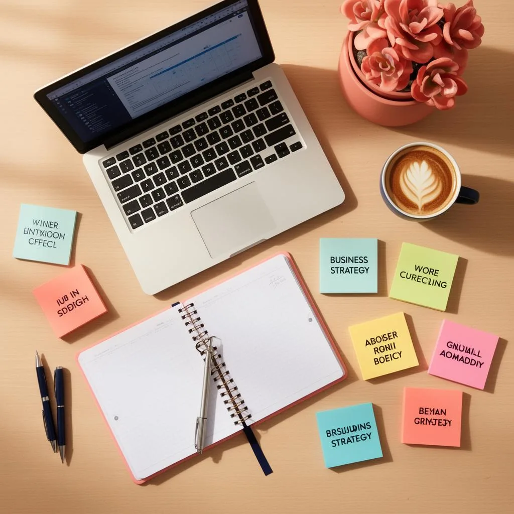 Creative workspace with business strategy planning materials