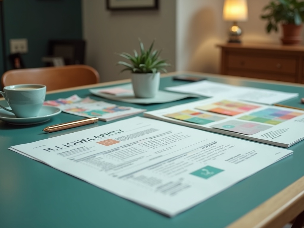 Business strategy documents and brand mood board spread across a creative desk with coffee and a succulent plant