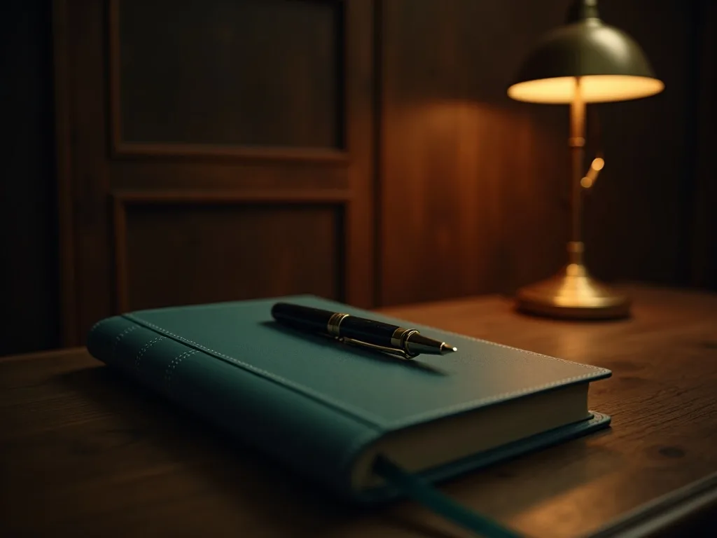 Premium leather notebook and fountain pen on a dark wood executive desk with warm lamp light