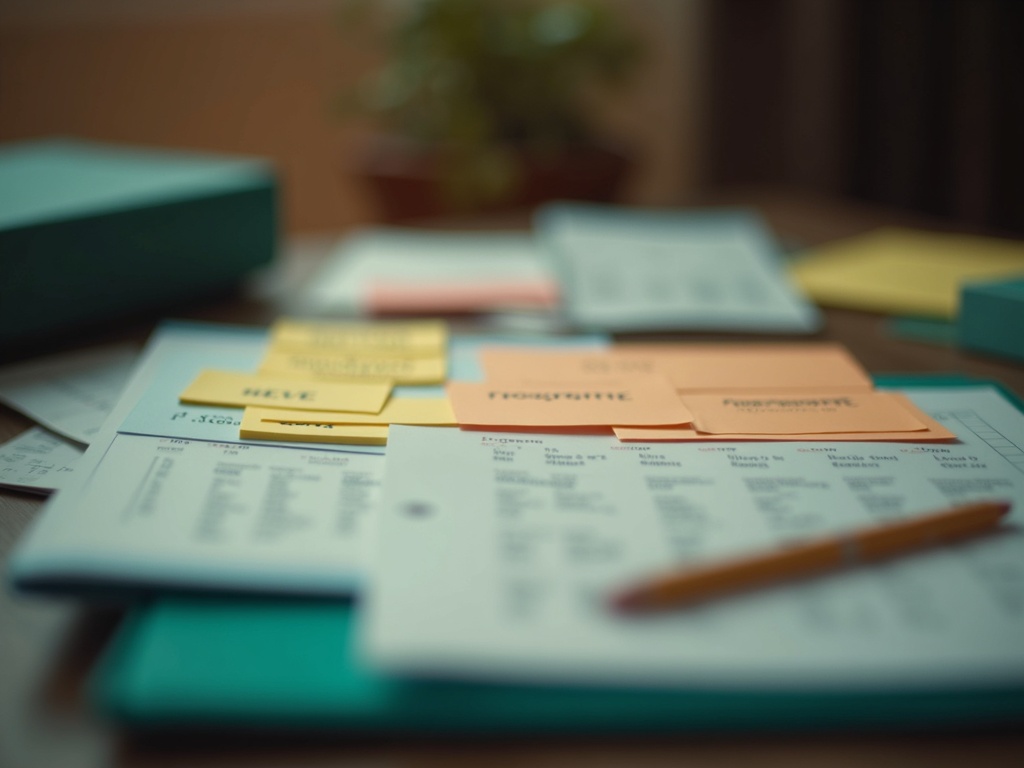 Event planning binder with summit schedule and speaker cards on a professional desk