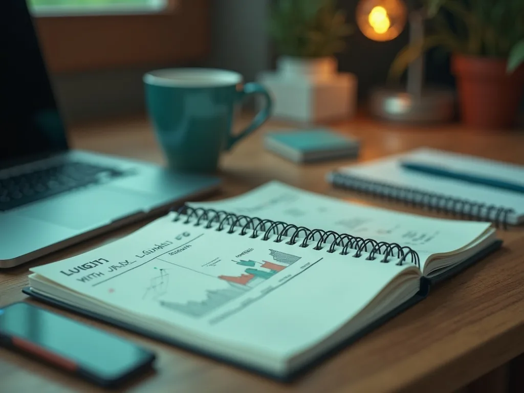 Notebook with summit launch timeline beside a laptop and coffee on a wooden desk