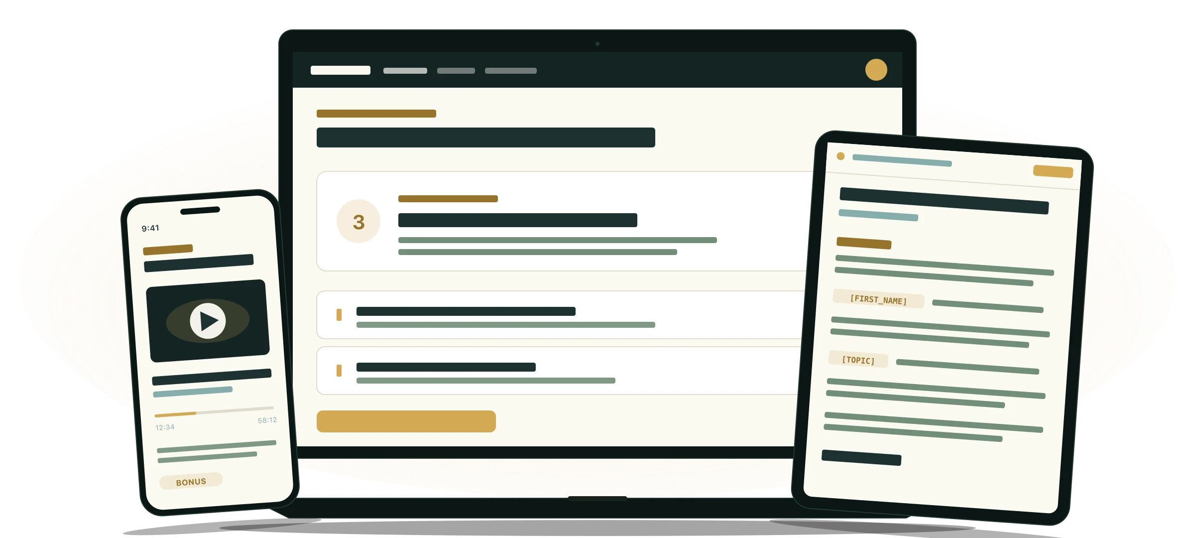 Total Summit System materials displayed across laptop, tablet, and phone: a course module dashboard, a Google Doc speaker outreach template, and the AI Workshop video player.