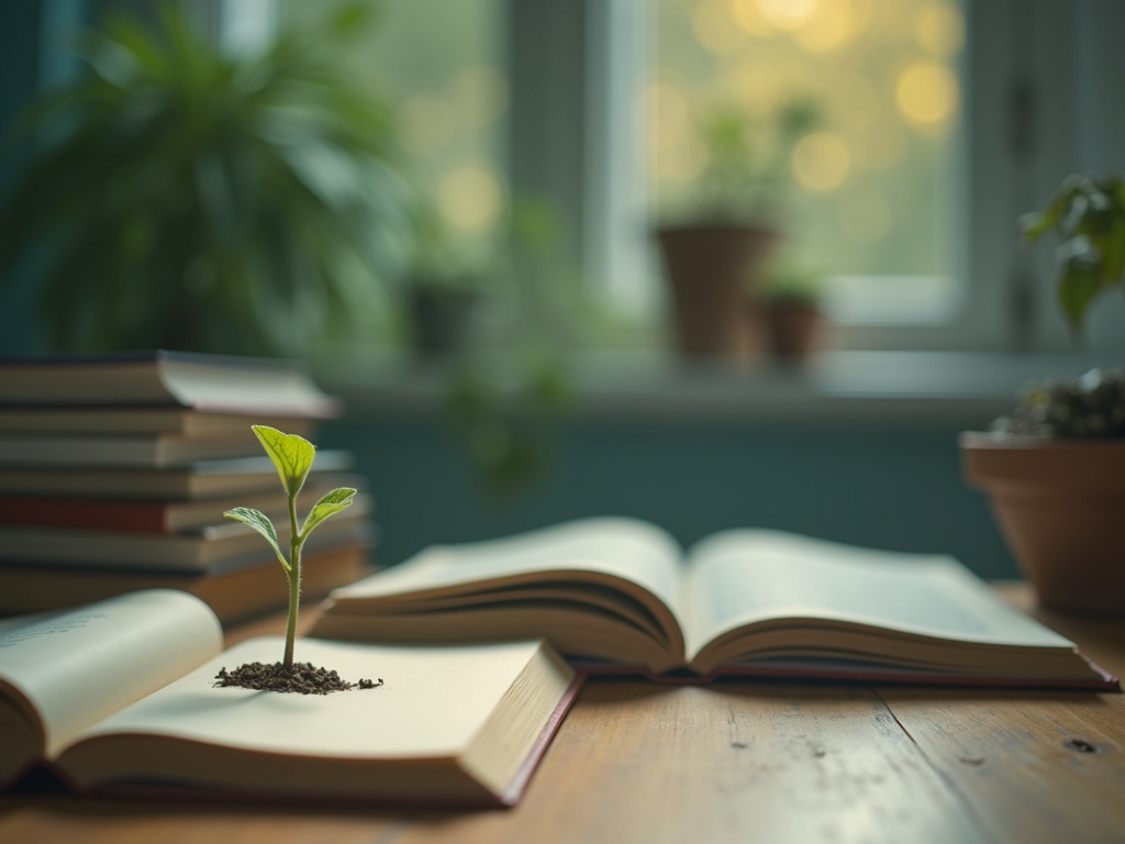 Seedling growing beside books and a planner, representing audience growth from zero