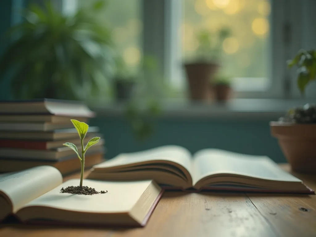 Seedling growing beside books and a planner, representing audience growth from zero